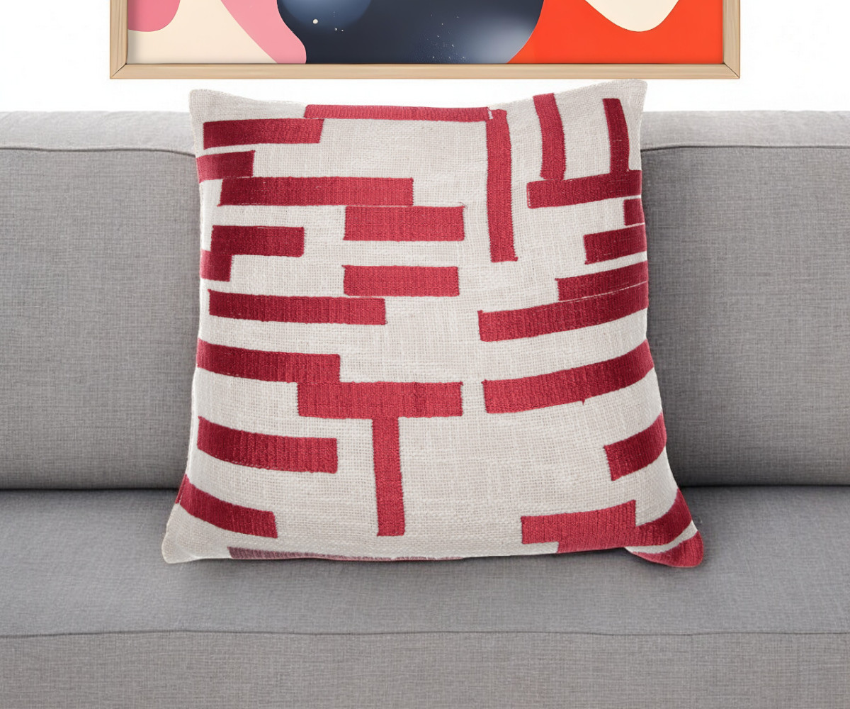 20" Red and Ivory Geometric Cotton Blend Throw Pillow With Embroidery-549410-1