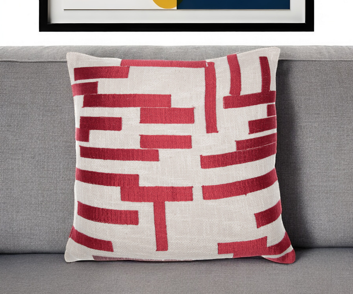 24" Red and Ivory Geometric Cotton Blend Throw Pillow With Embroidery-549411-1