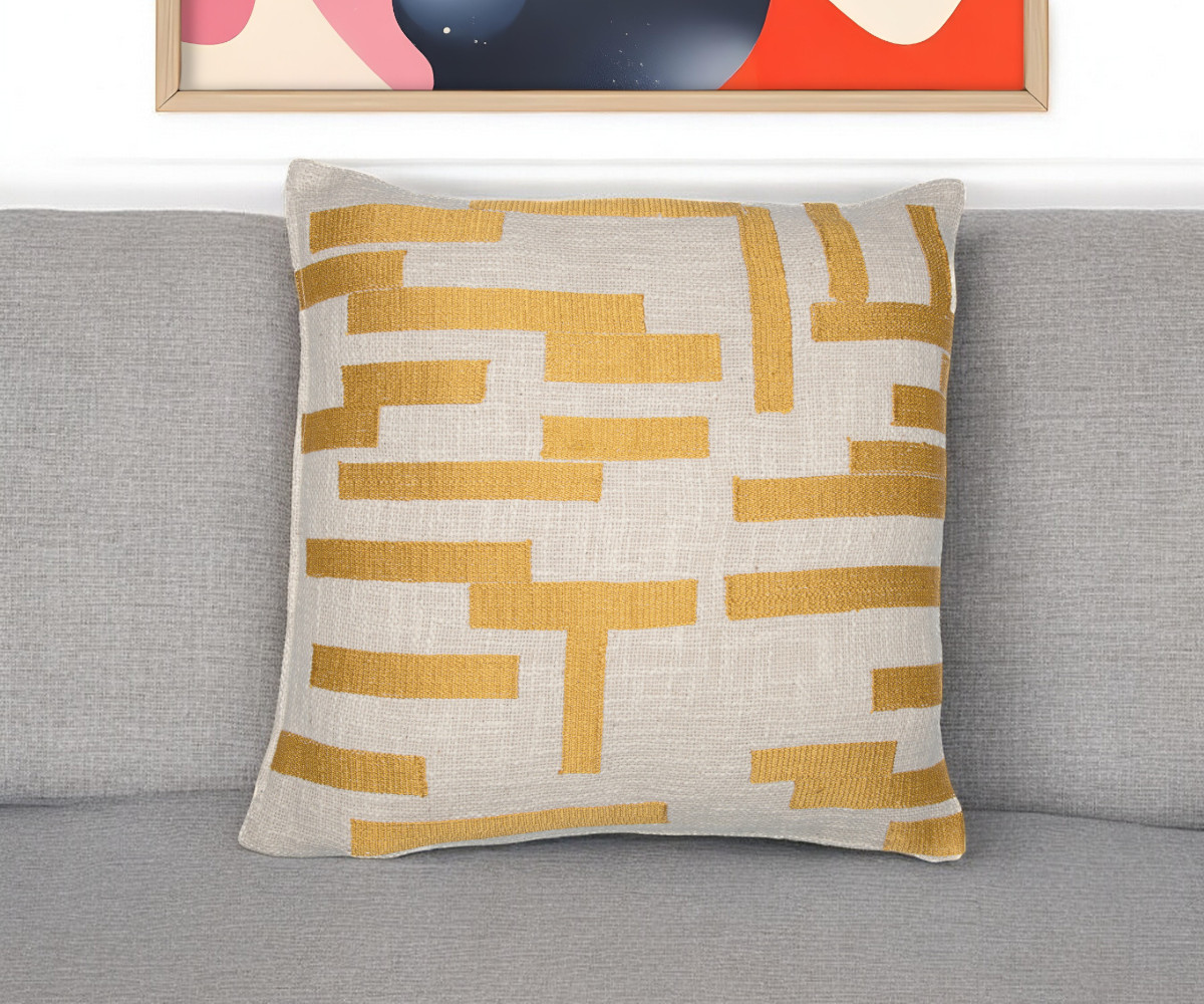 20" Yellow and Ivory Geometric Cotton Blend Throw Pillow With Embroidery-549412-1