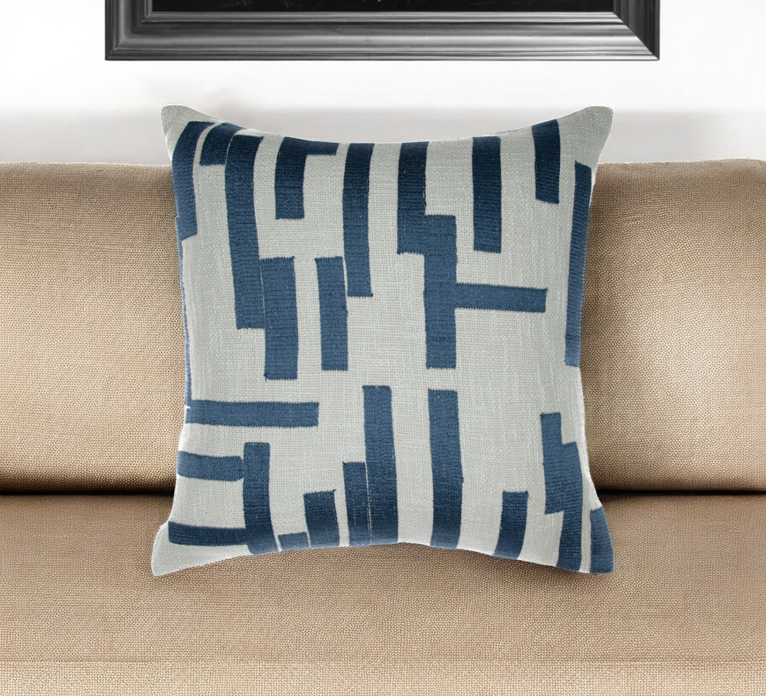 20" Blue and Ivory Geometric Cotton Blend Throw Pillow With Embroidery-549414-1