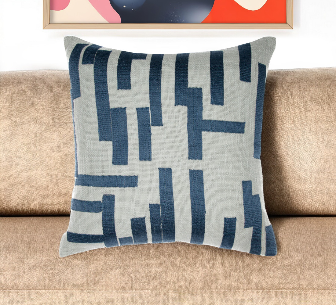 24" Blue and Ivory Geometric Cotton Blend Throw Pillow With Embroidery-549415-1