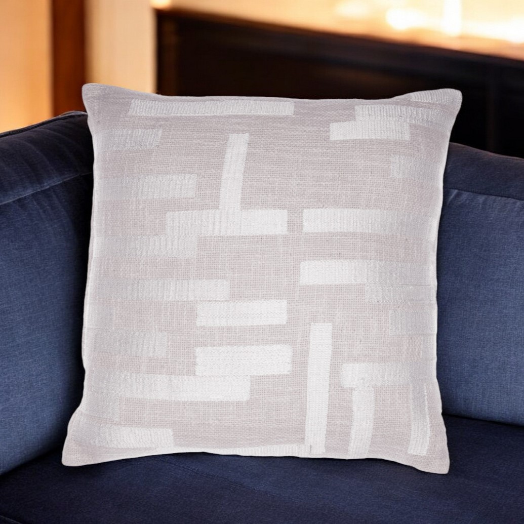 20" Ivory Geometric Cotton Blend Throw Pillow With Embroidery-549416-1