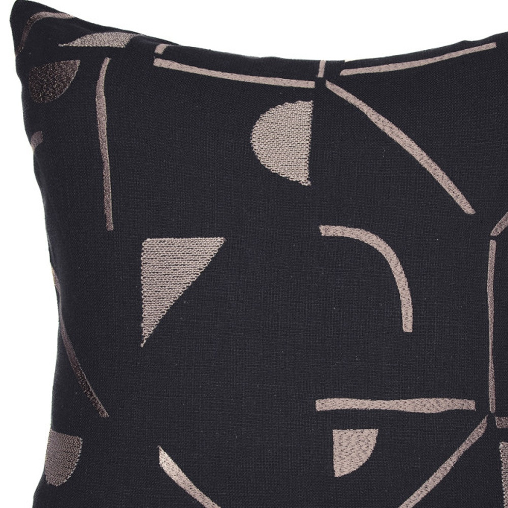 20" Beige and Black Geometric Cotton Blend Throw Pillow With Embroidery
