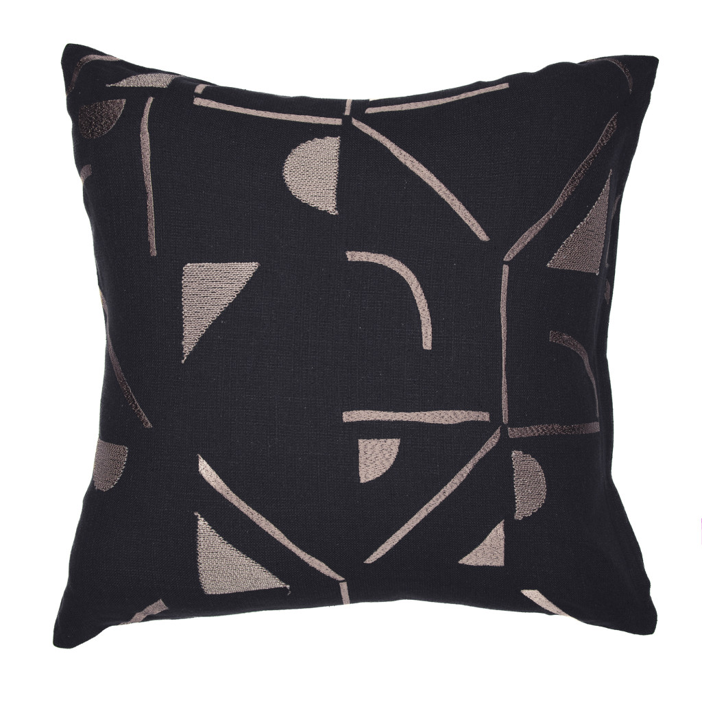 24" Beige and Black Geometric Cotton Blend Throw Pillow With Embroidery