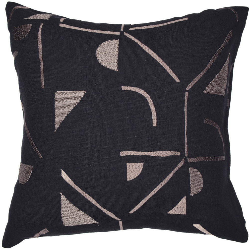 24" Beige and Black Geometric Cotton Blend Throw Pillow With Embroidery