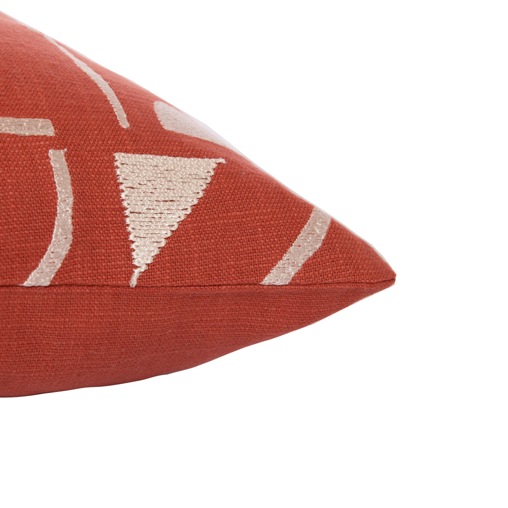 24" Orange and Ivory Geometric Cotton Blend Throw Pillow  With Embroidery