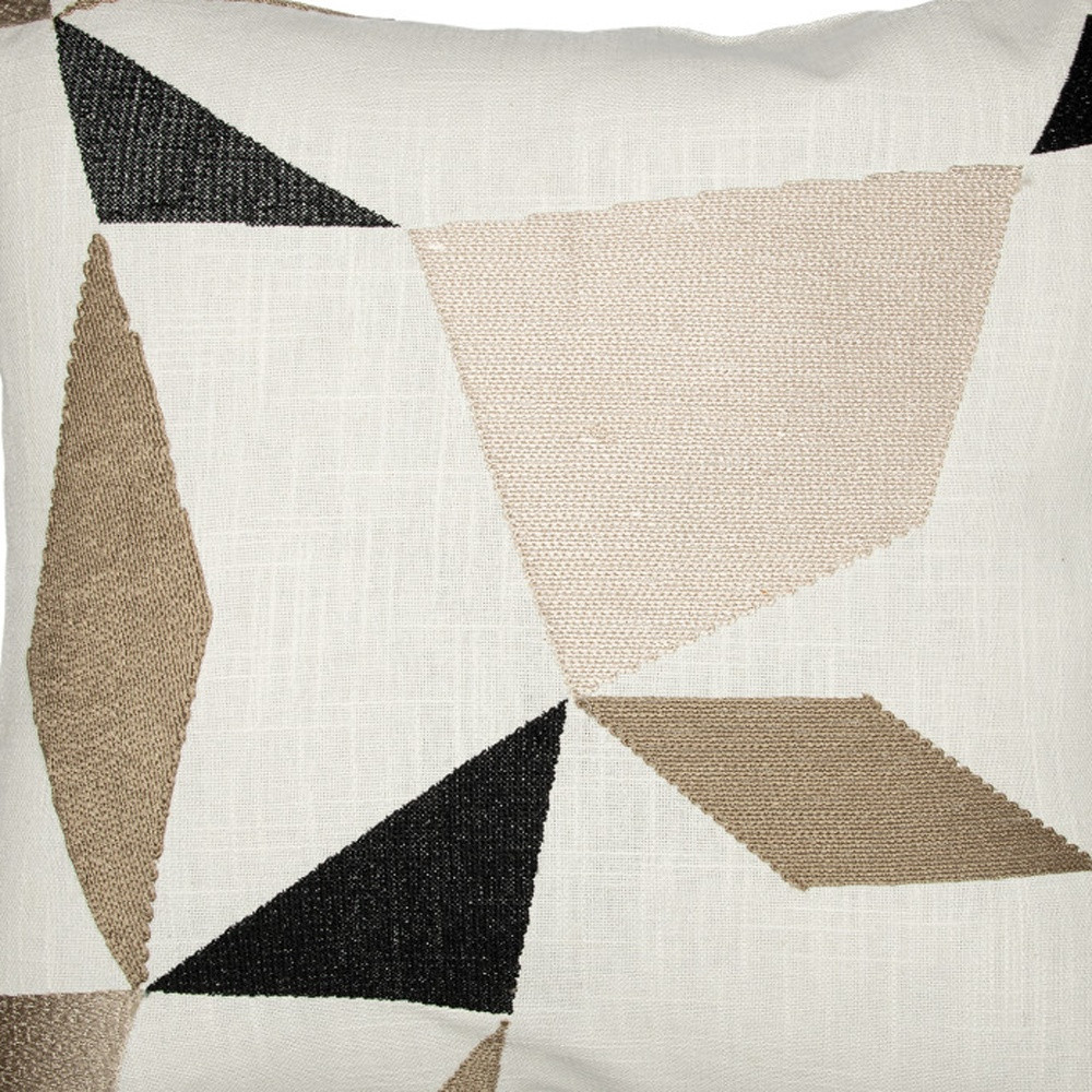 24" Taupe and Ivory Geometric Cotton Blend Throw Pillow With Embroidery