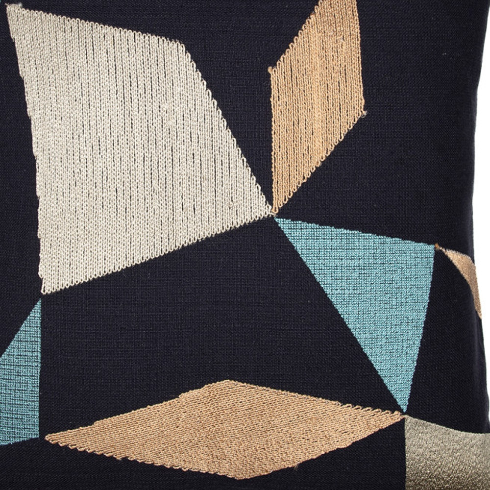 20" Blue and Beige Geometric Cotton Blend Throw Pillow With Embroidery
