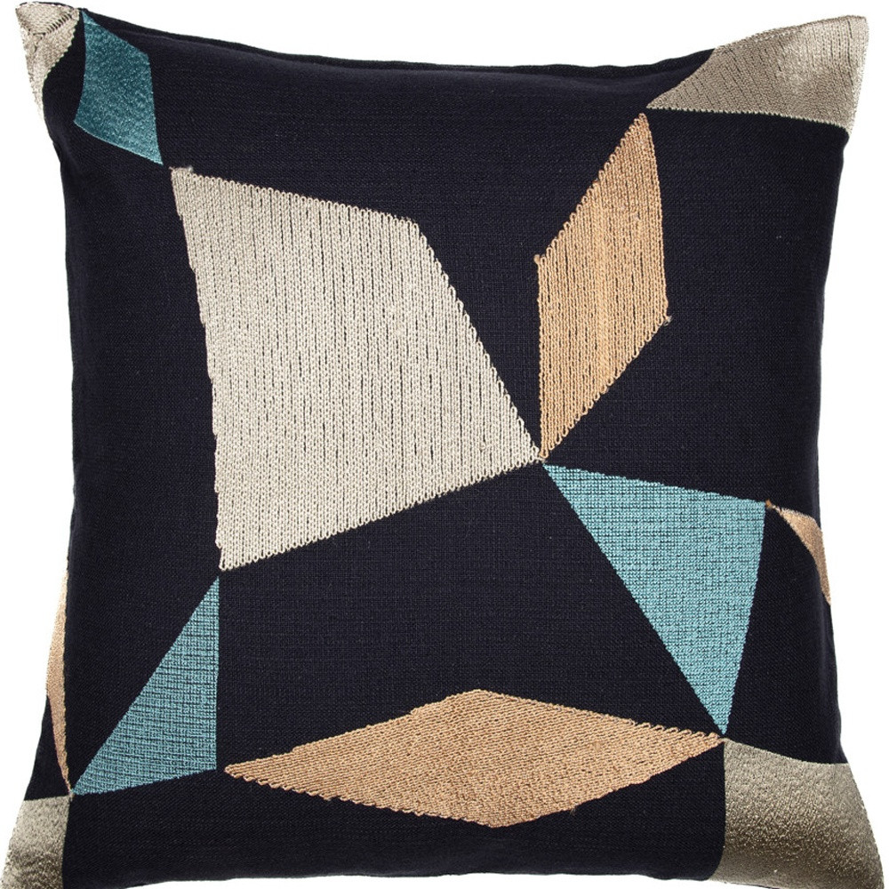 20" Blue and Beige Geometric Cotton Blend Throw Pillow With Embroidery