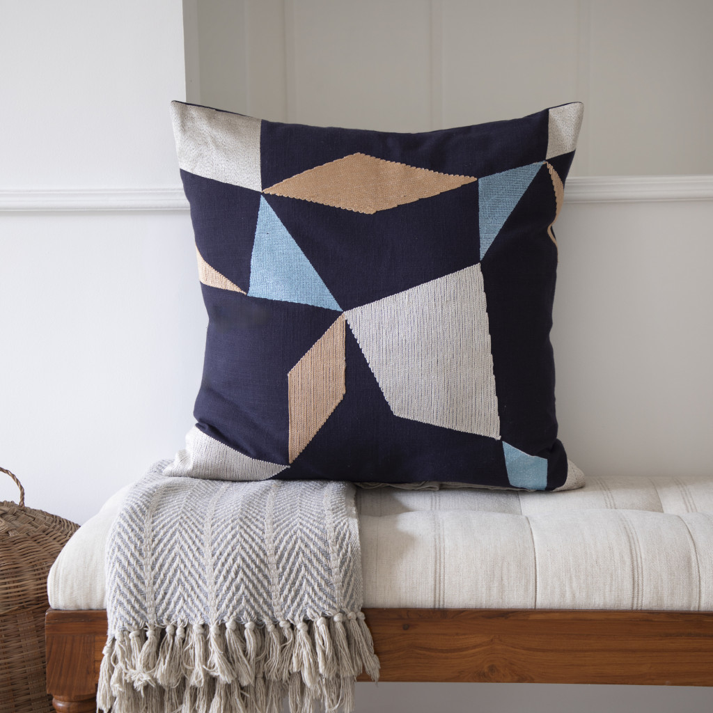 20" Blue and Beige Geometric Cotton Blend Throw Pillow With Embroidery