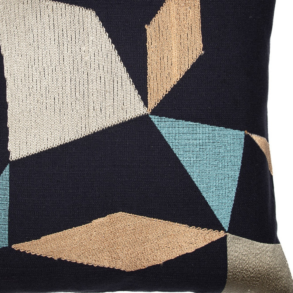 24" Blue and Beige Geometric Cotton Blend Throw Pillow With Embroidery