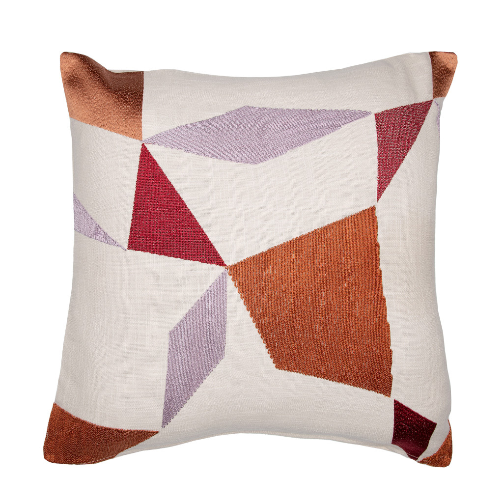 20" Ivory Red and Orange Geometric Cotton Blend Throw Pillow With Embroidery