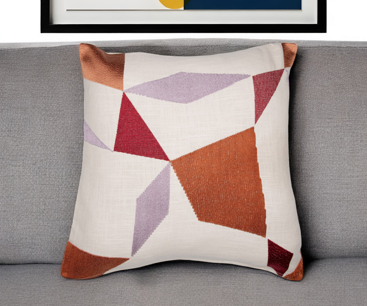 24" Ivory Geometric Cotton Blend Throw Pillow With Embroidery