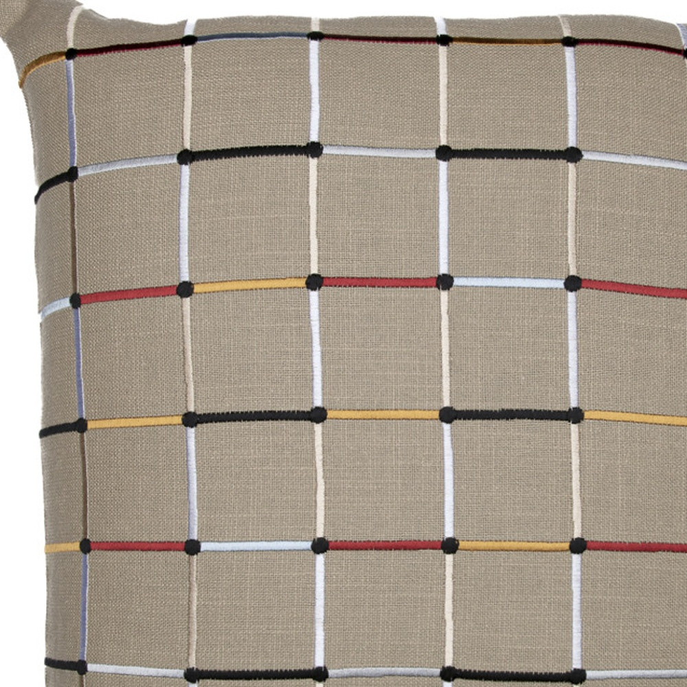 20" Beige Check Cotton Blend Throw Pillow With Embroidery