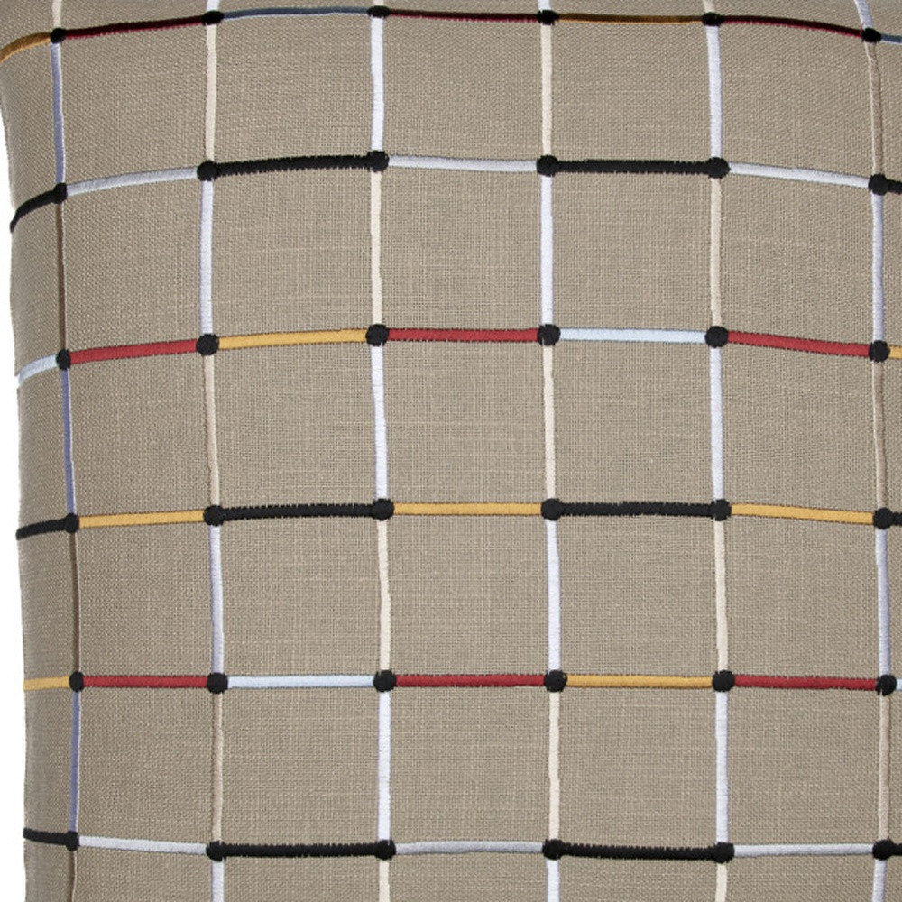 24" Beige Check Cotton Blend Throw Pillow With Embroidery
