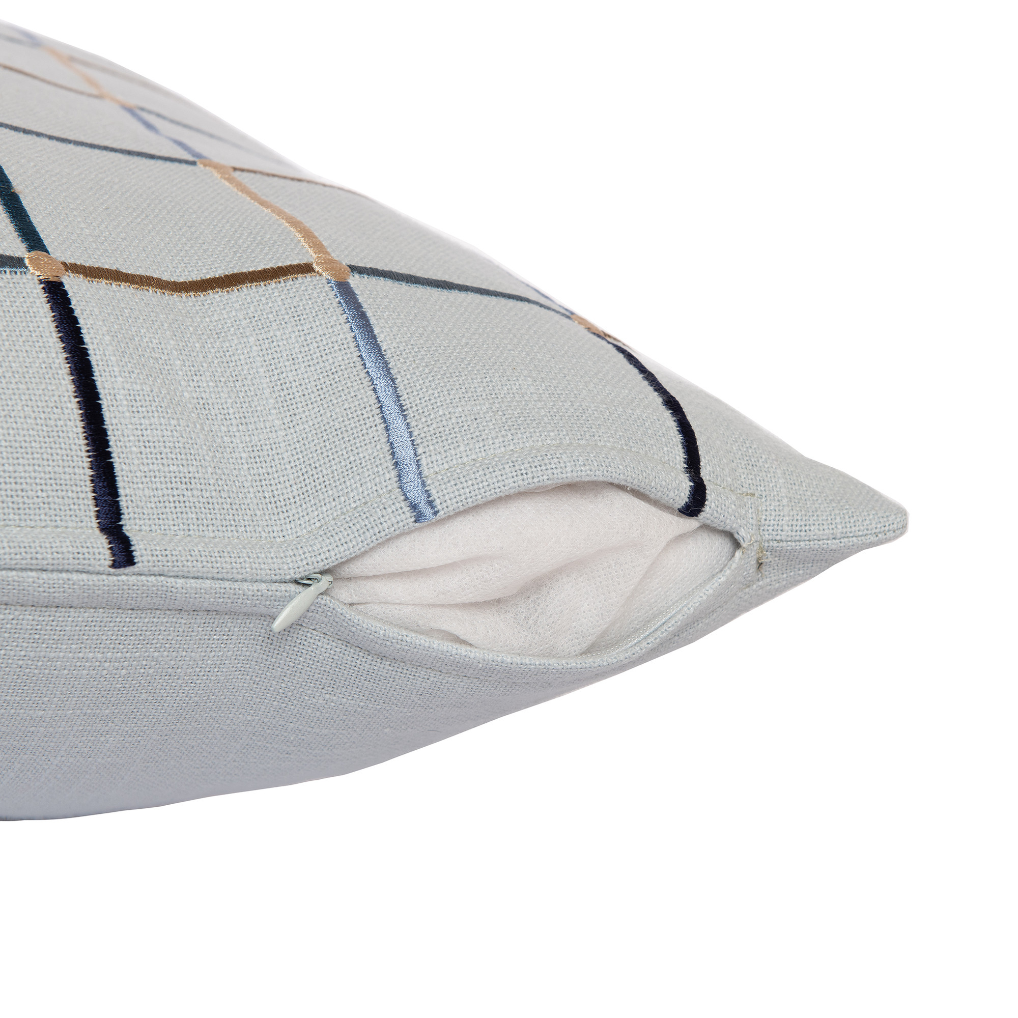 20" Light Blue Check Cotton Blend Throw Pillow With Embroidery