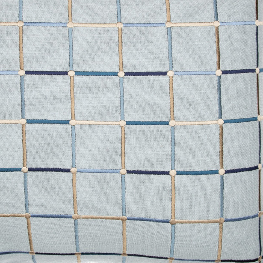 24" Light Blue Check Cotton Blend Throw Pillow  With Embroidery