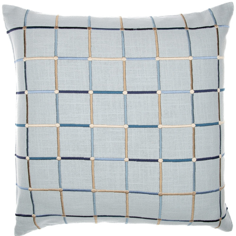 24" Light Blue Check Cotton Blend Throw Pillow  With Embroidery