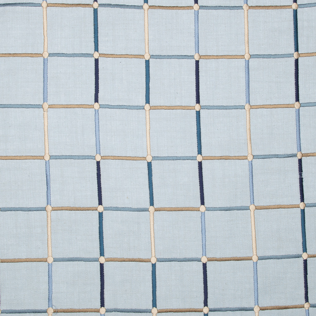 24" Light Blue Check Cotton Blend Throw Pillow  With Embroidery