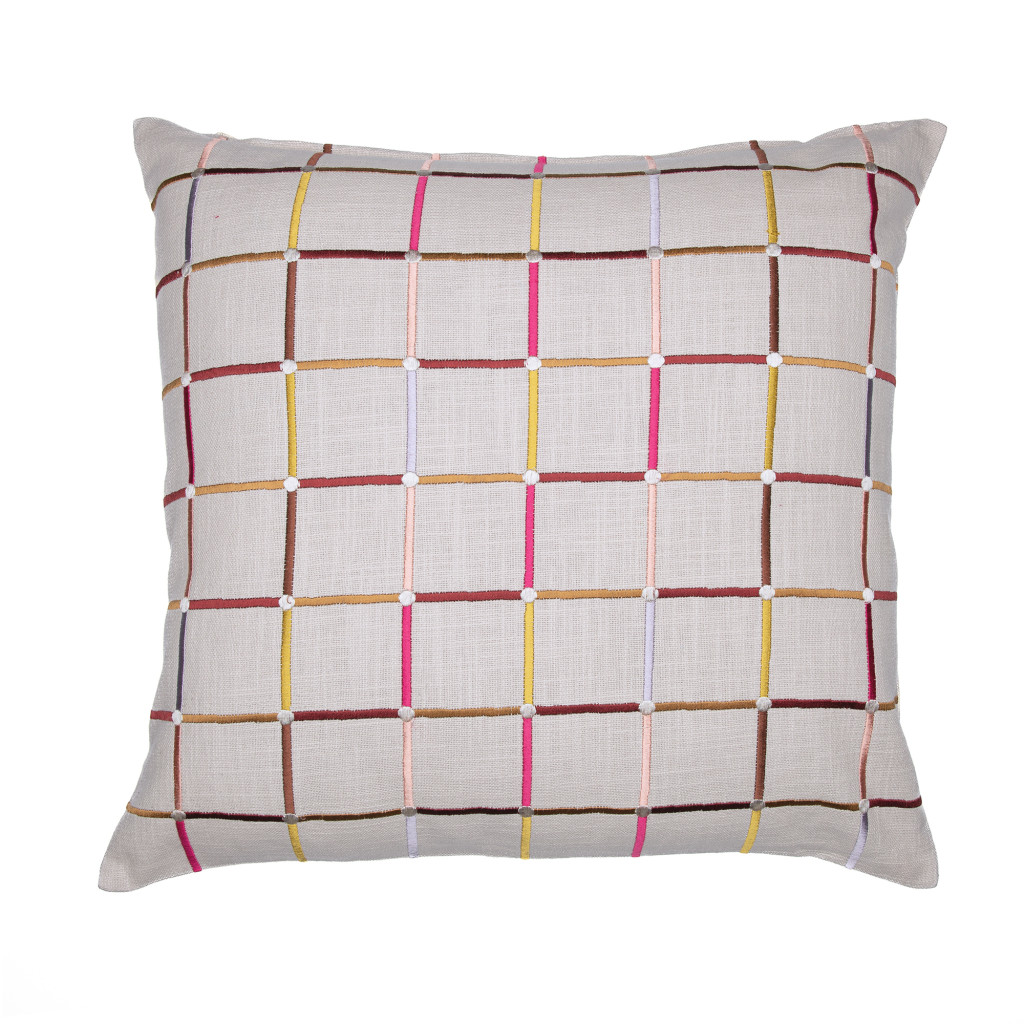 20" White Check Cotton Blend Throw Pillow With Embroidery