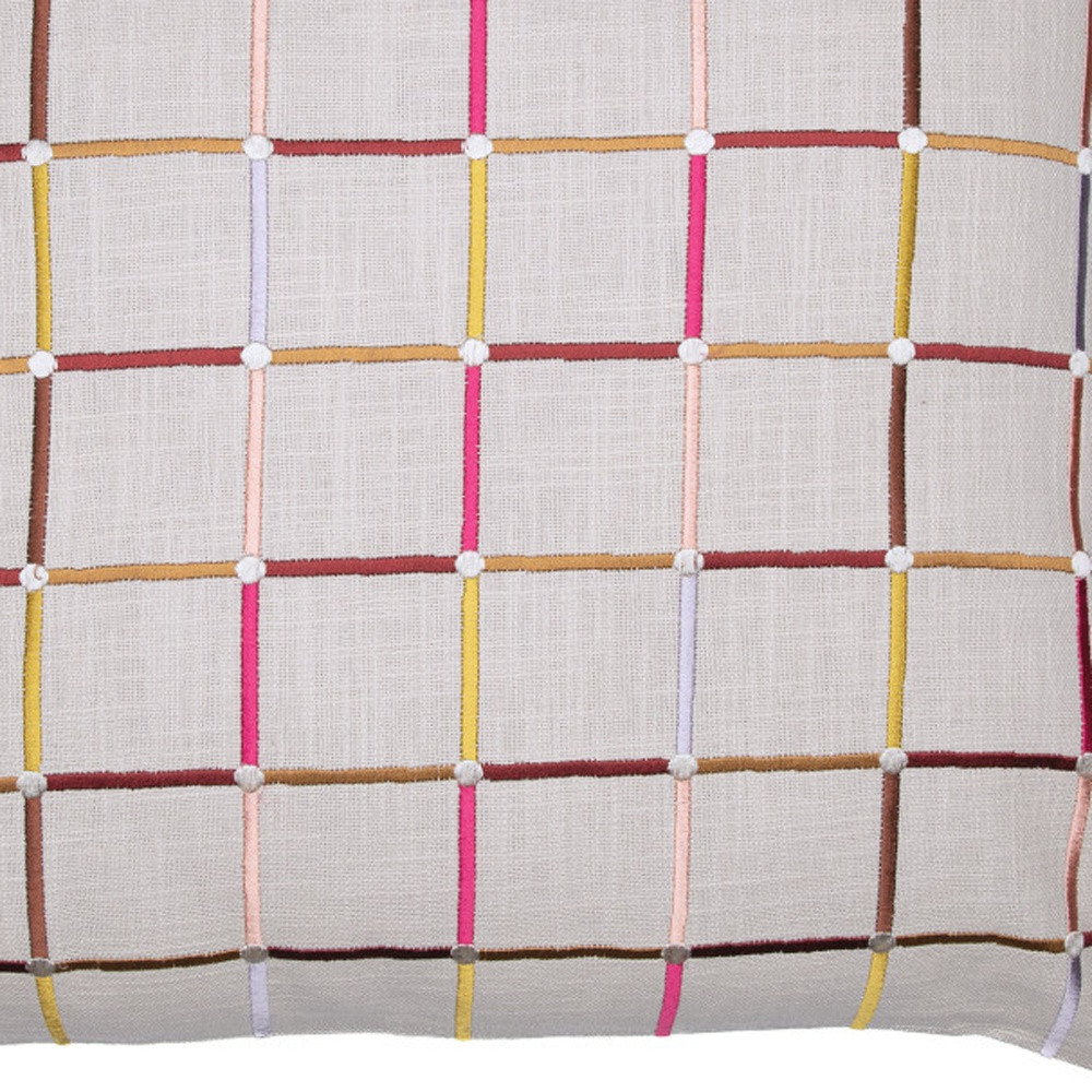 20" White Check Cotton Blend Throw Pillow With Embroidery