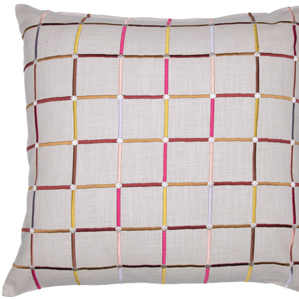 20" White Check Cotton Blend Throw Pillow With Embroidery