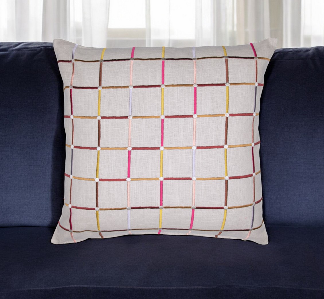 20" White Check Cotton Blend Throw Pillow With Embroidery