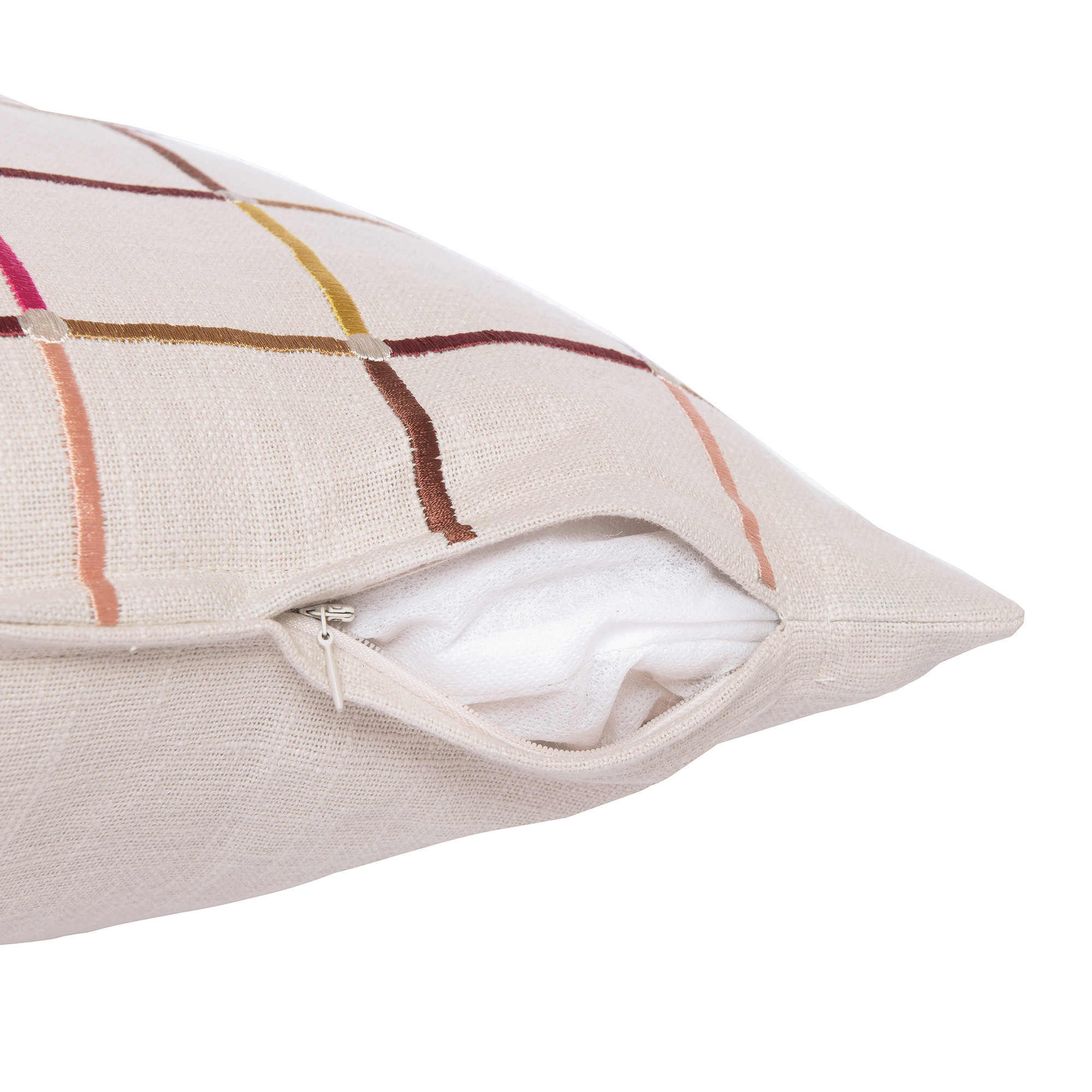 20" White Check Cotton Blend Throw Pillow With Embroidery