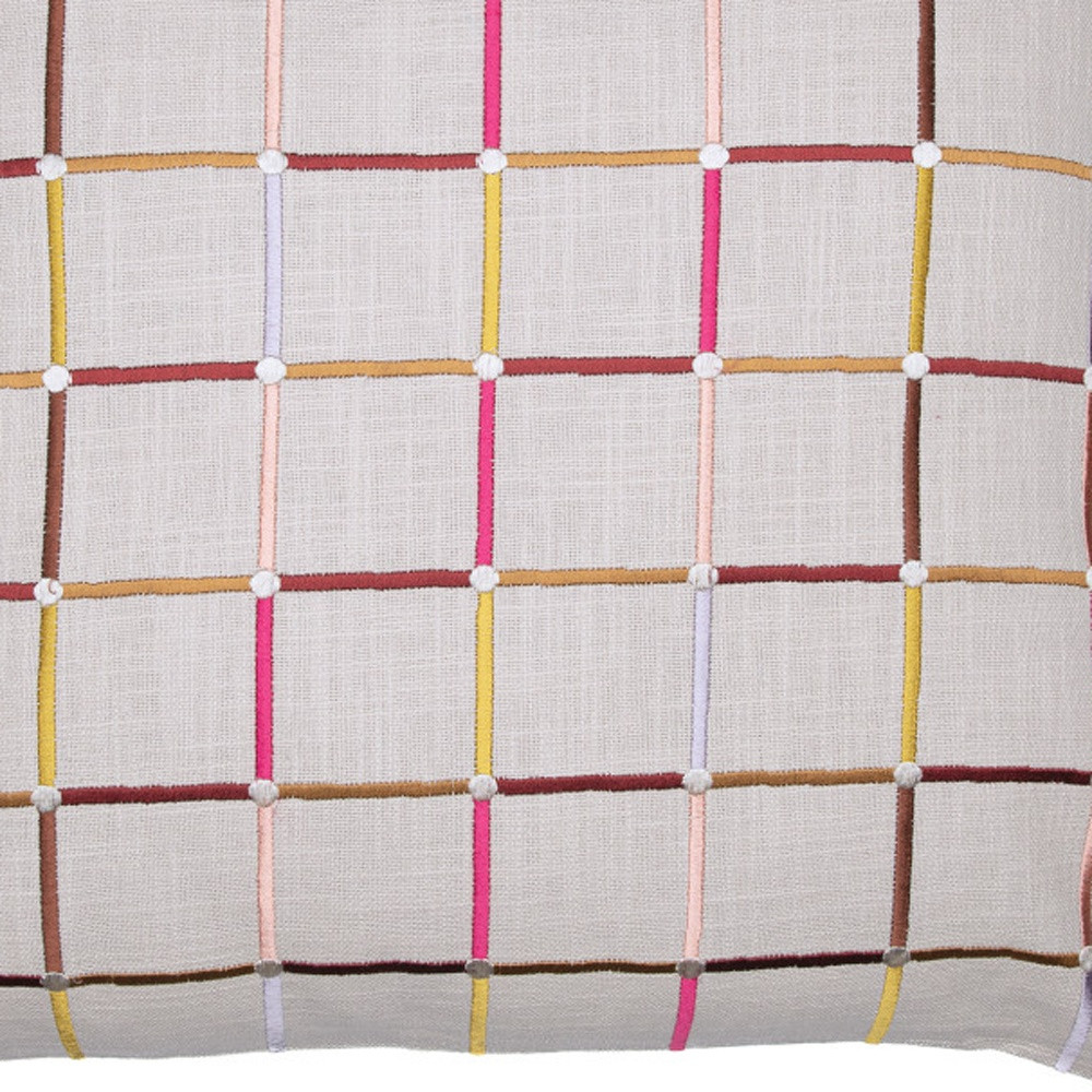 24" White Check Cotton Blend Throw Pillow With Embroidery
