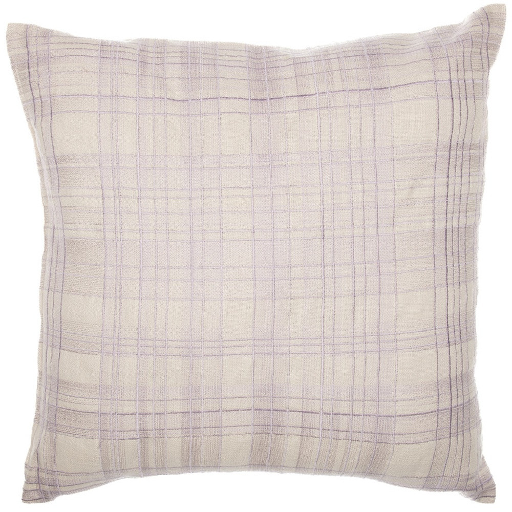 24" Ivory Check Cotton Blend Throw Pillow With Embroidery