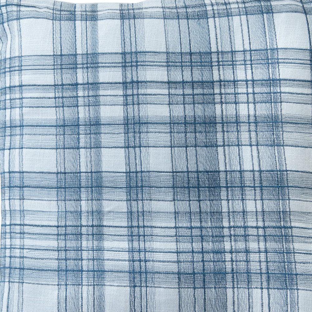 20" Blue Check Cotton Blend Throw Pillow With Embroidery
