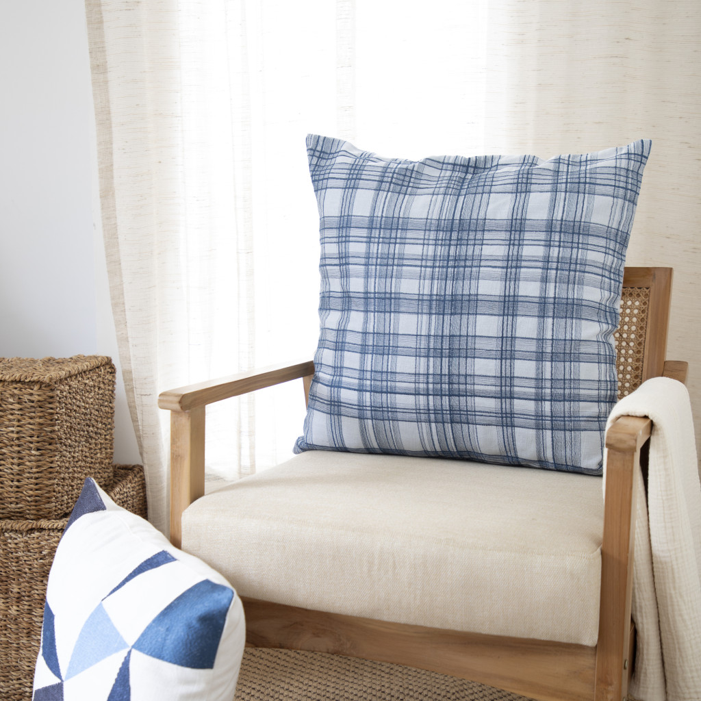 20" Blue Check Cotton Blend Throw Pillow With Embroidery