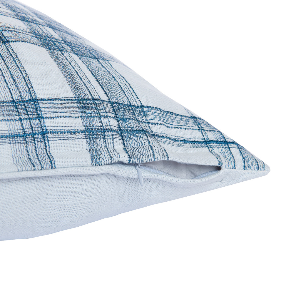 20" Blue Check Cotton Blend Throw Pillow With Embroidery