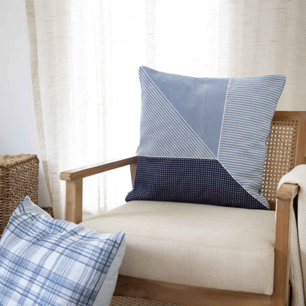 20" Blue Check Cotton Blend Throw Pillow With Embroidery
