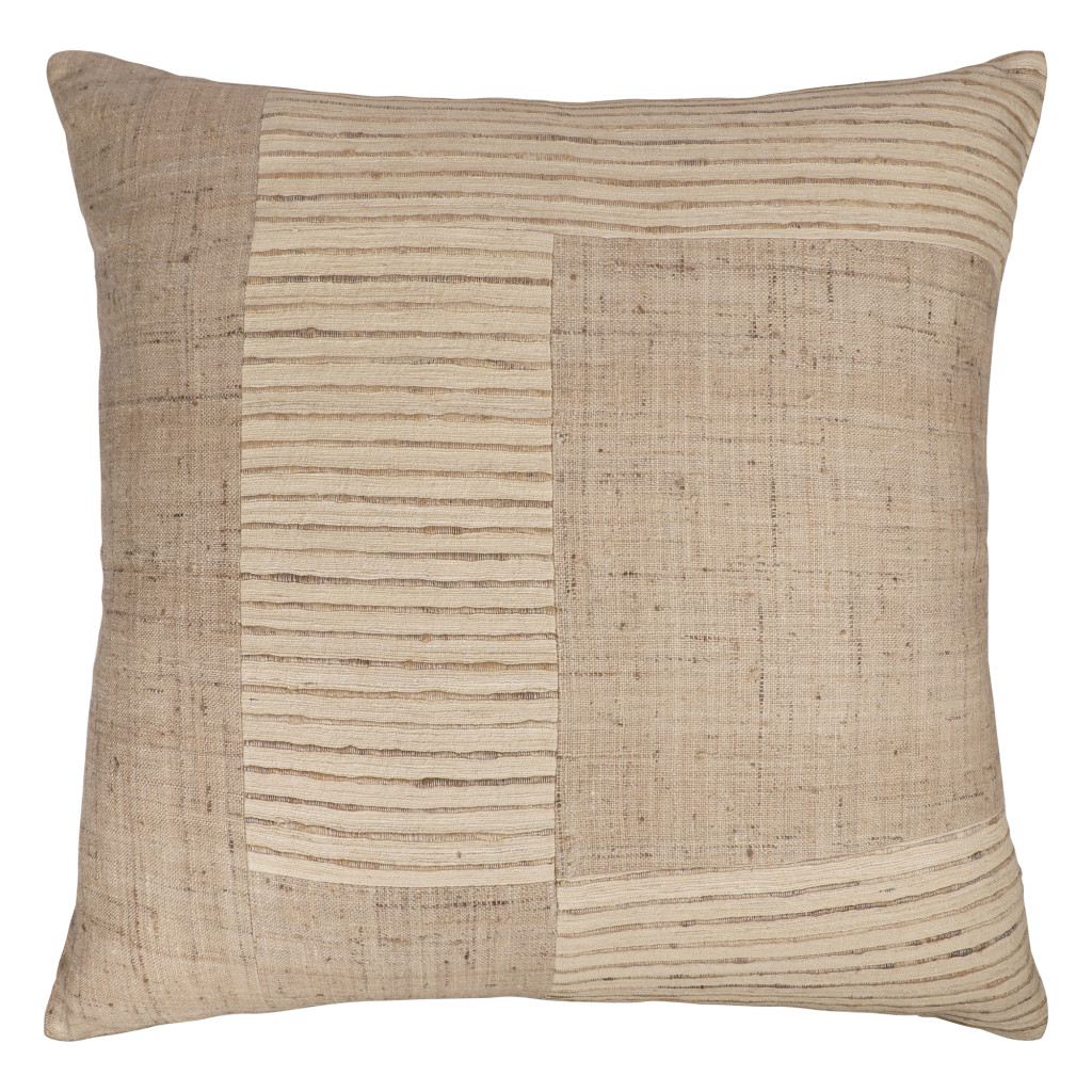 24" Brown and Beige Geometric Silk Throw Pillow With Embroidery