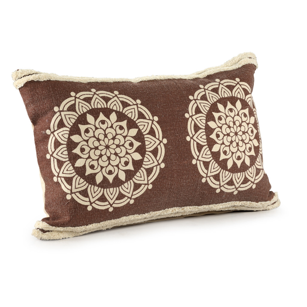 16" X 24" Brown and Ivory Medallion Cotton Lumbar Throw Pillow With Texture