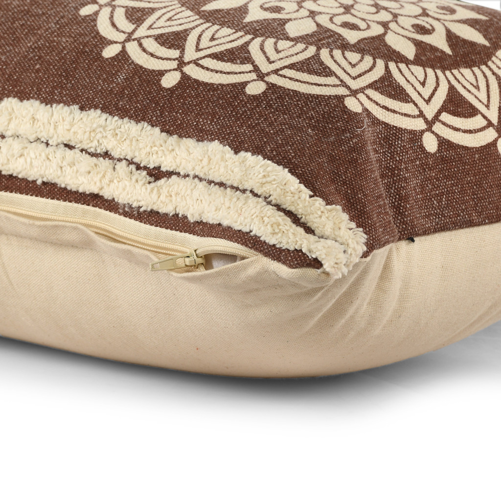 16" X 24" Brown and Ivory Medallion Cotton Lumbar Throw Pillow With Texture