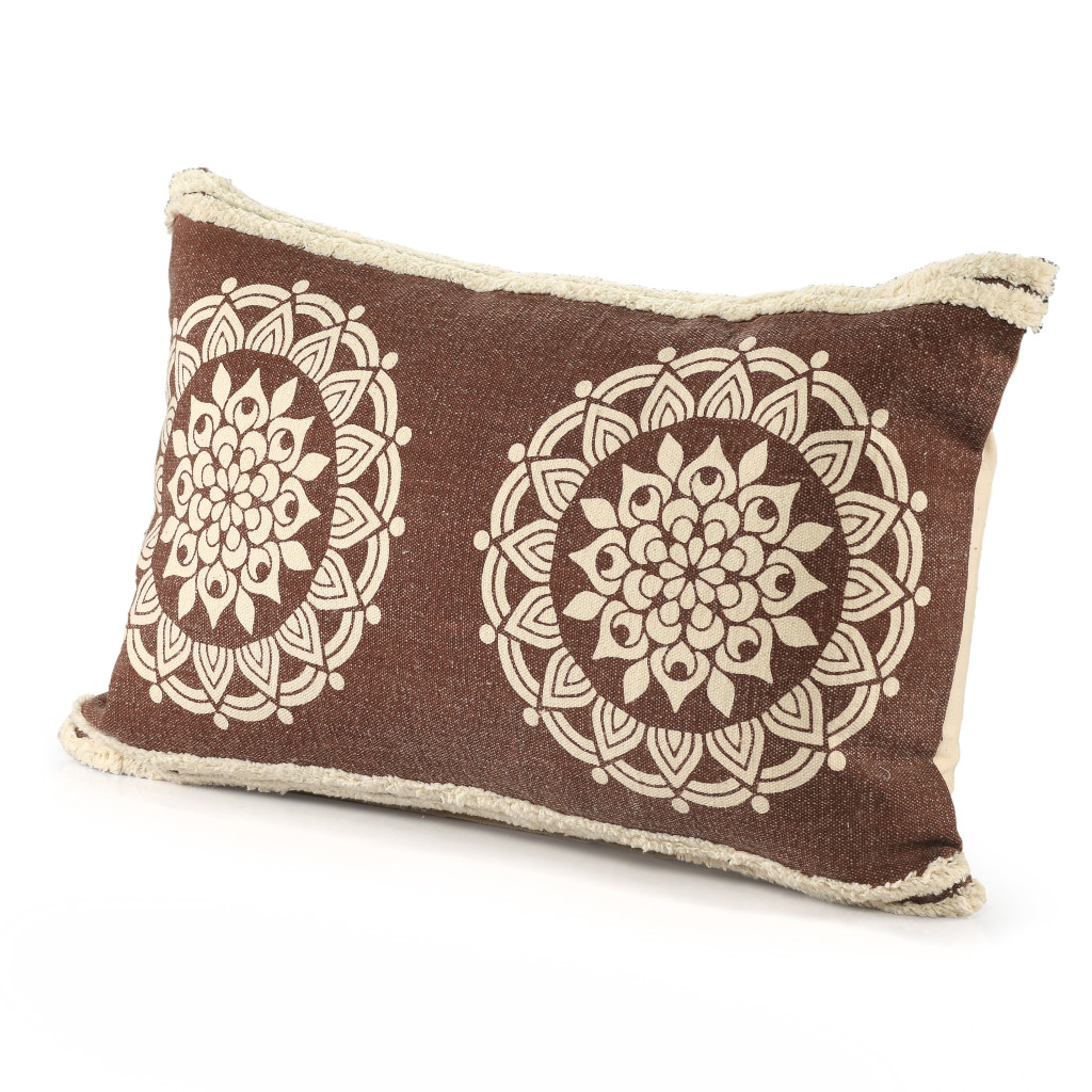 16" X 24" Brown and Ivory Medallion Cotton Lumbar Throw Pillow With Texture