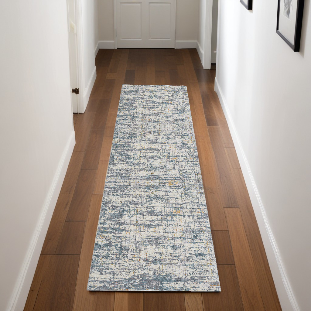 8" Runner Blue and Ivory Abstract Runner Rug