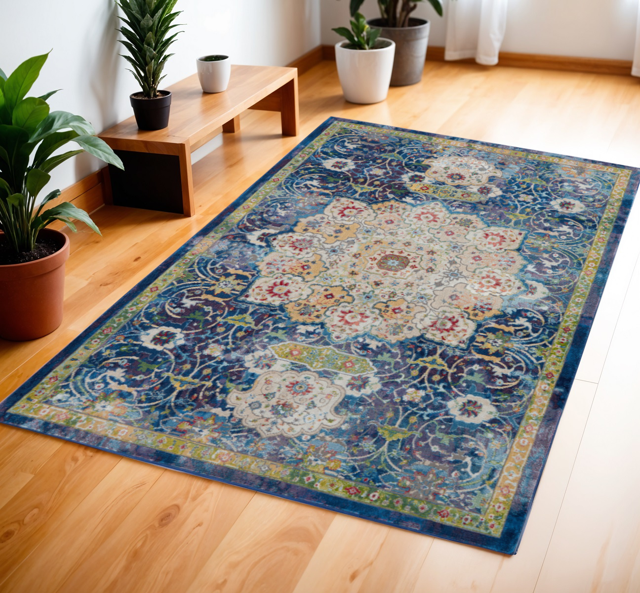 4' X 6' Navy Blue and Gold Floral Medallion Distressed Non Skid Area Rug-550877-1