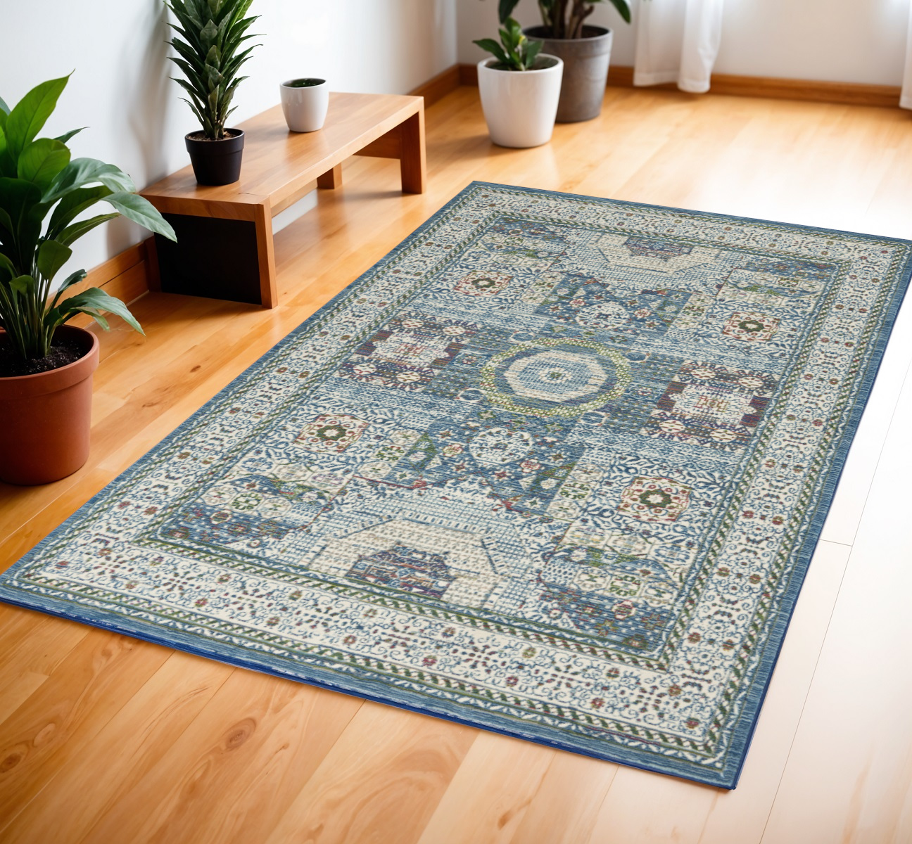 4' X 6' Ivory Blue and Green Oriental Distressed Non Skid Area Rug-550938-1