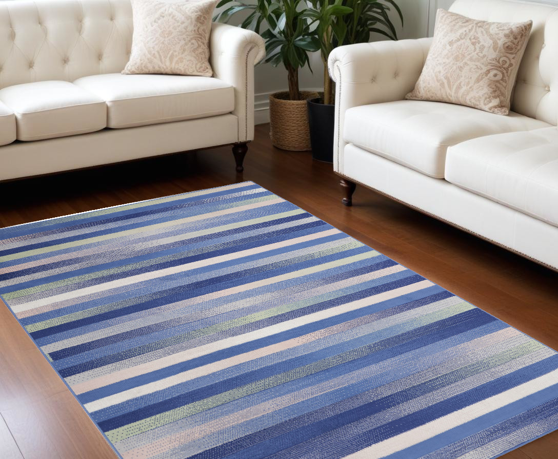 8' X 10' Ivory Tan and Blue Abstract Distressed Non Skid Area Rug-551060-1