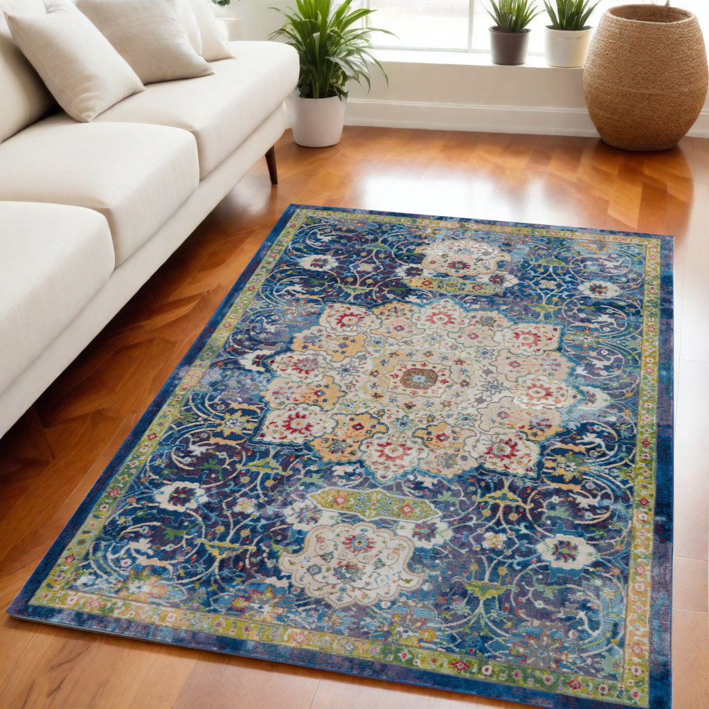 5' X 8' Ivory Blue and Green Floral Medallion Distressed Non Skid Area Rug-551151-1