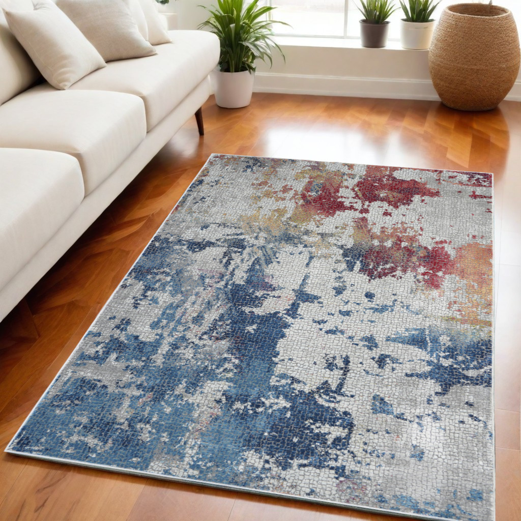 5' X 8' Ivory Red and Blue Abstract Distressed Non Skid Area Rug-551184-1