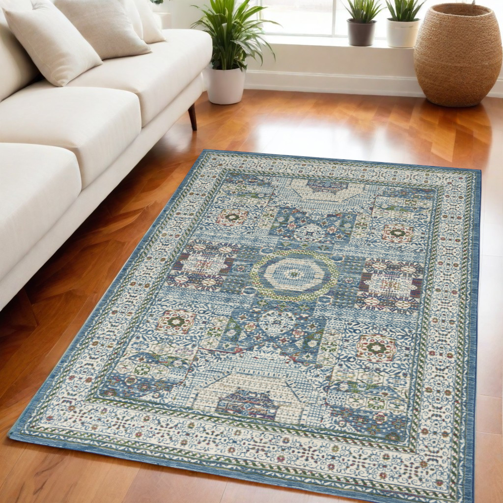 5' X 8' Ivory Blue and Green Oriental Distressed Non Skid Area Rug-551189-1