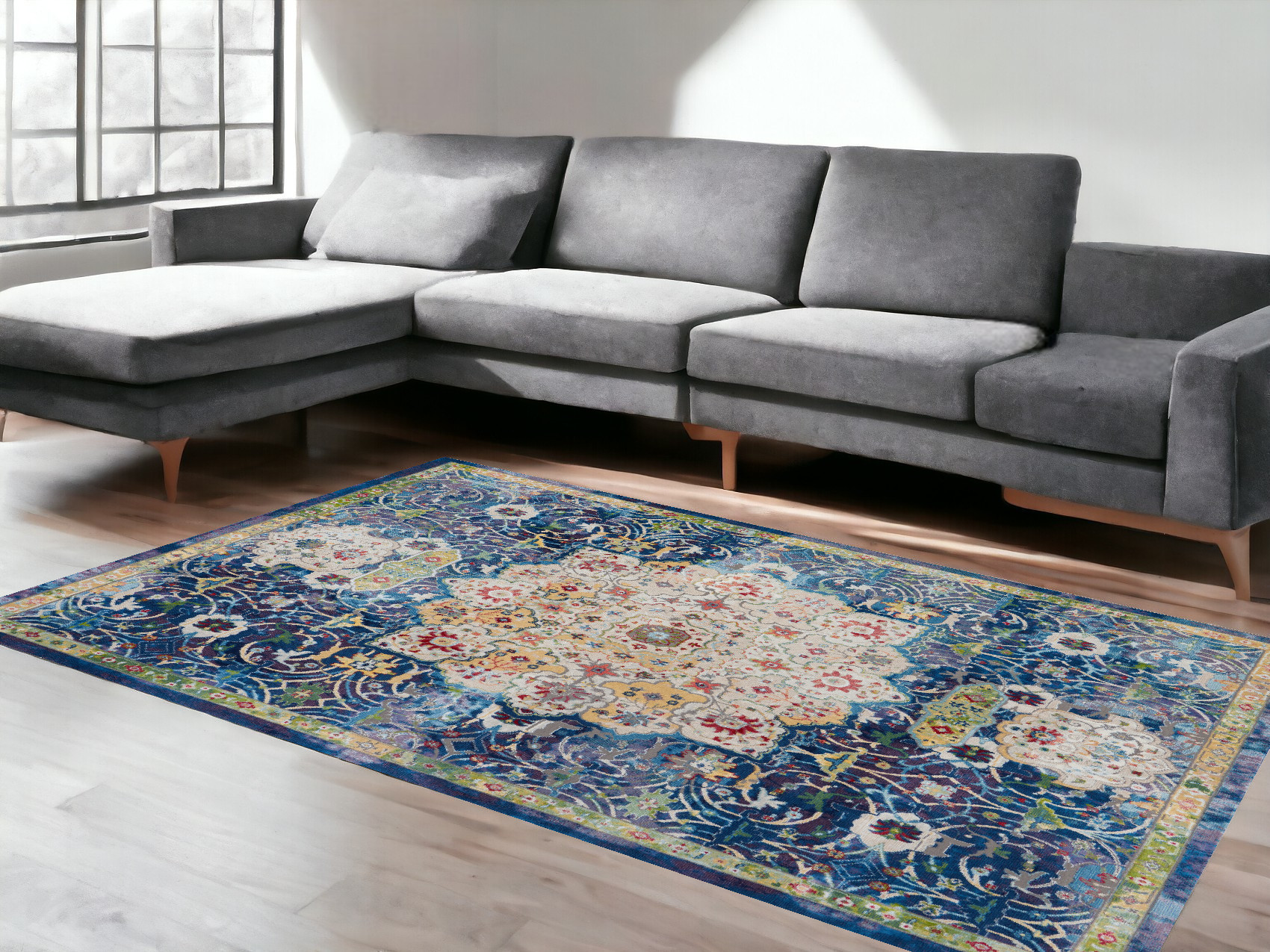 8' X 10' Ivory Blue and Green Floral Medallion Distressed Non Skid Area Rug-551293-1
