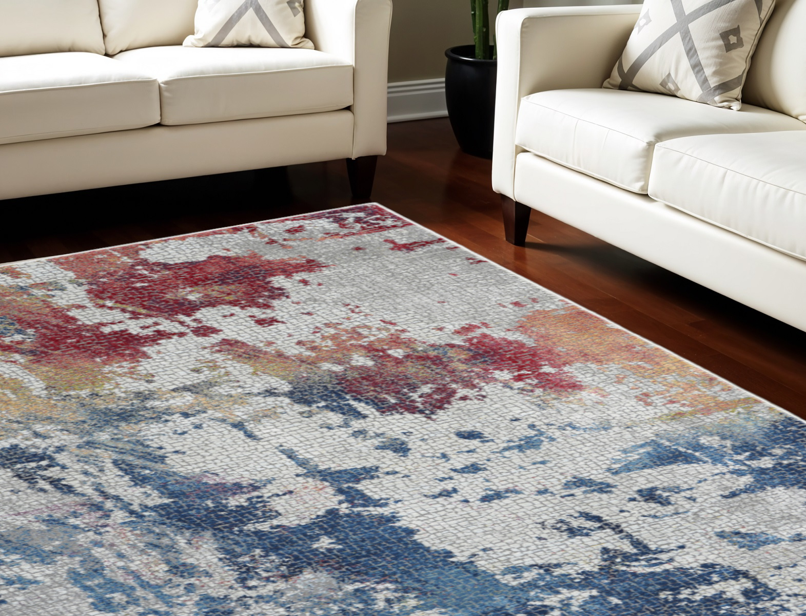 8' X 10' Ivory Red and Blue Abstract Distressed Non Skid Area Rug-551309-1