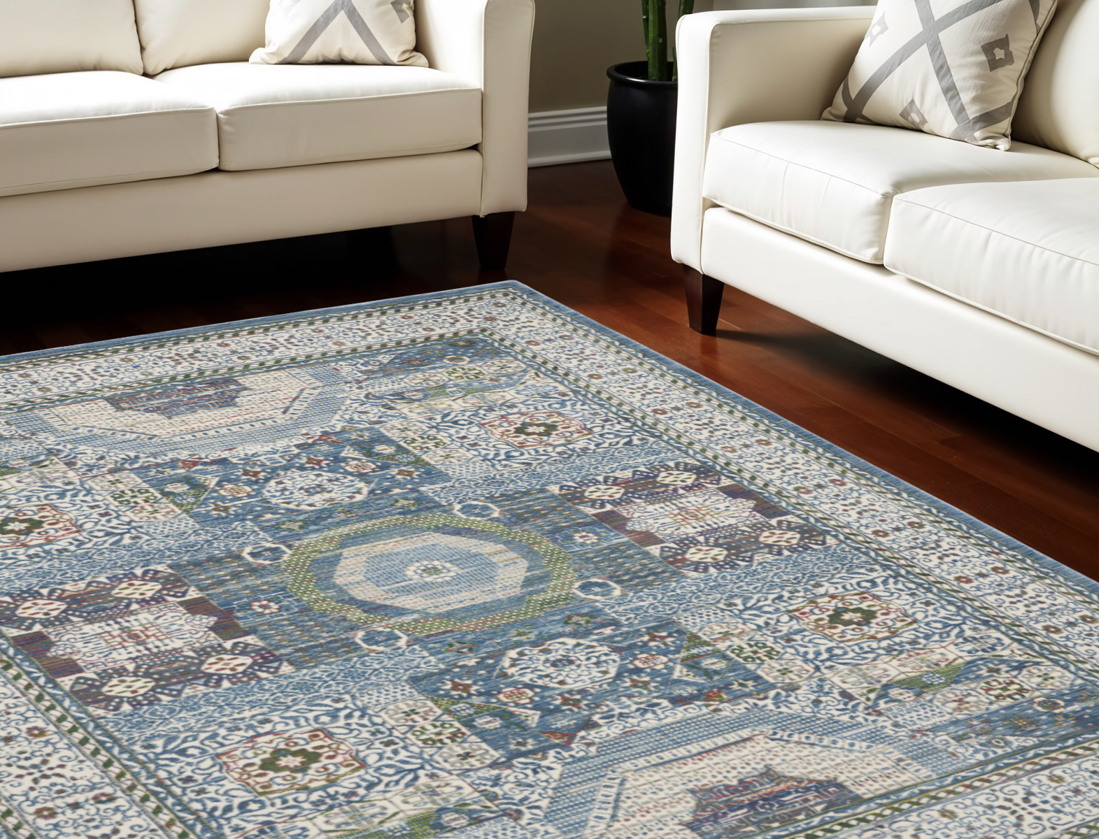 8' X 10' Ivory Blue and Green Oriental Distressed Non Skid Area Rug-551312-1
