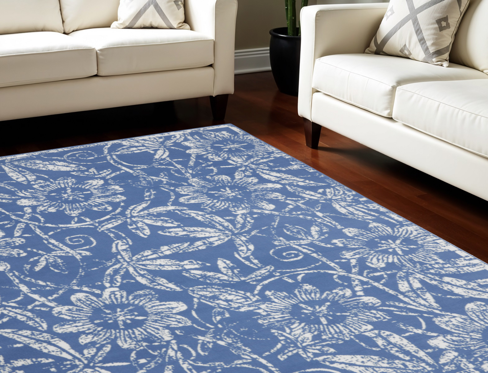8' X 12' Blue and Ivory Floral Distressed Non Skid Area Rug-551357-1