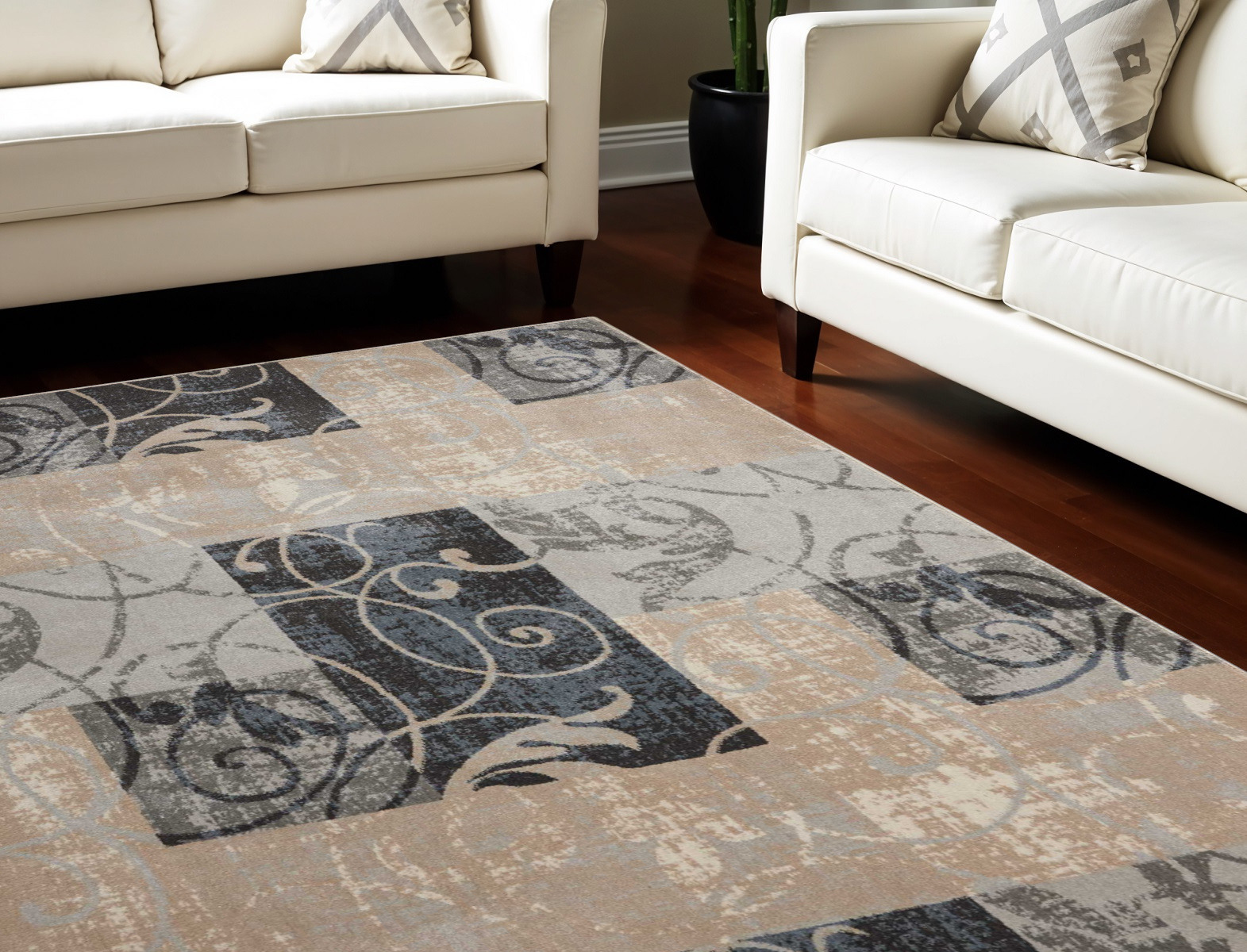 9' X 13' Tan Black and Ivory Floral Vines Non Skid Area Rug-551506-1